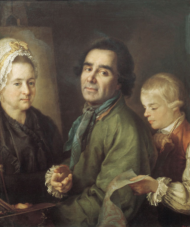 Пётр Дрождин. Портрет А. П. Антропова с сыном перед портретом жены Елены Васильевны. 1776.